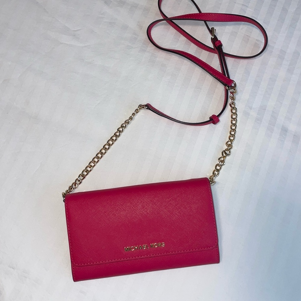 Michael Kors Hot Pink Crossbody Wallet Bag with Gold Hardware